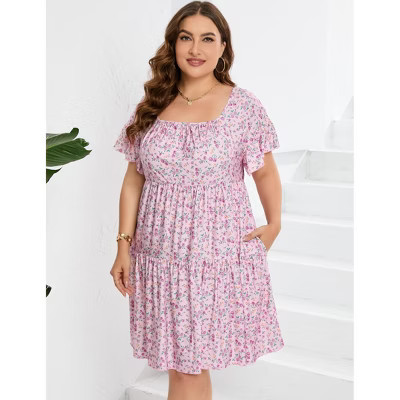 Plus Size Sundress with Short Sleeve Square Neck Ruffled Dress Smokced Wasit Tiered Dress Plus Size Peasant Dress Prairie Dress,pink rose - 4XL | Target