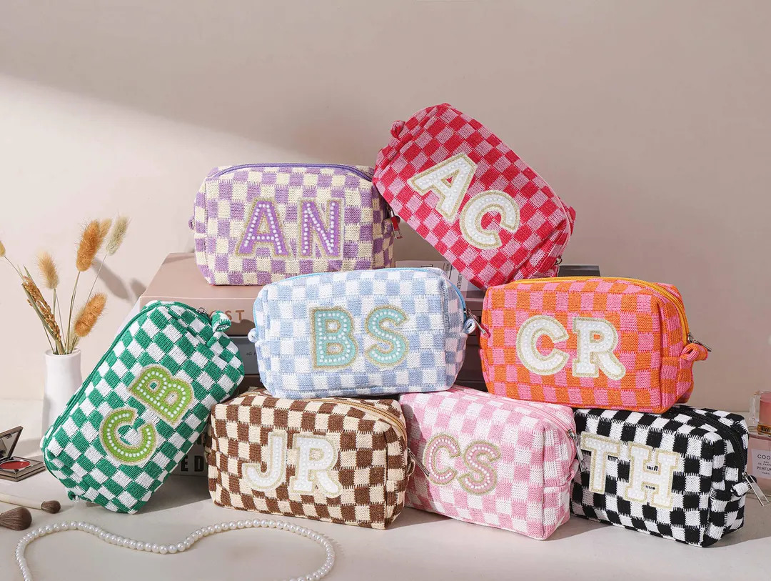 Personalized Checkered Makeup Bag, Embroidered Makeup Bag, Monogram Makeup Bag, Bridesmaid Gifts,... | Etsy (US)