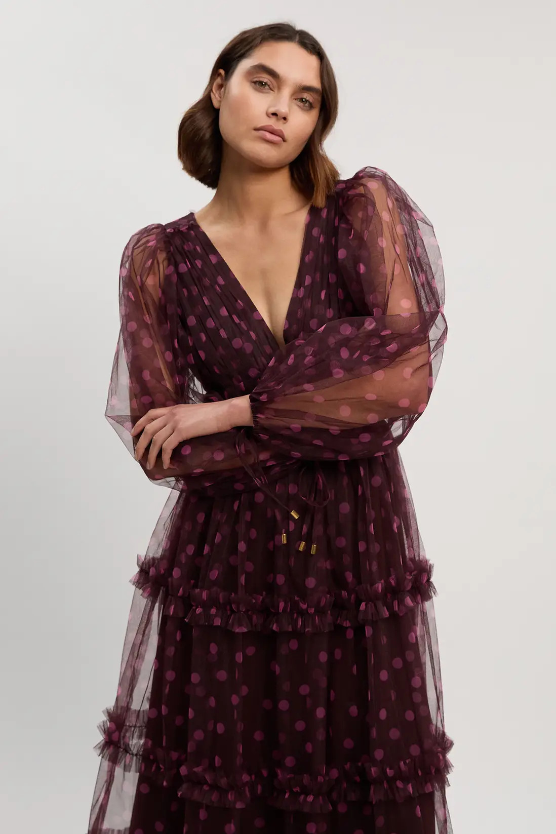 Pink Polka Dot Tulle Plunge Balloon Sleeve Maxi Dress | Karen Millen | Karen Millen UK