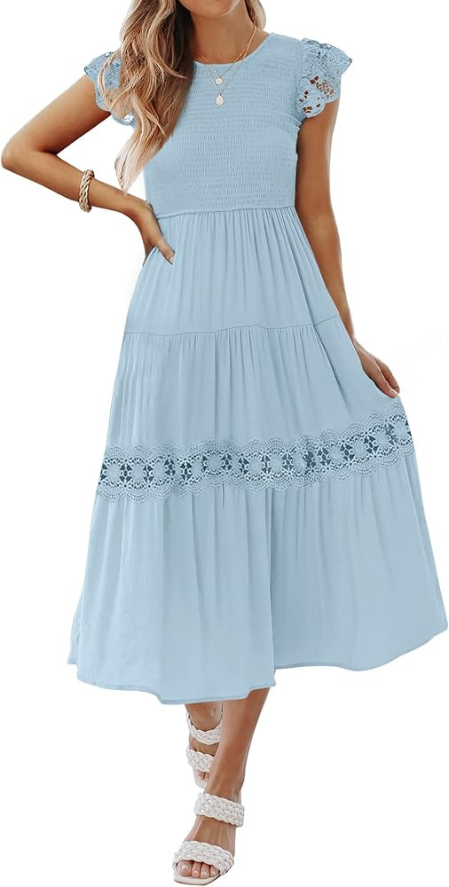 ZESICA Women's 2024 Casual Crew Neck Dress Blue Wedding Guest Dress Blue Cocktail Dress Blue Outfit | Amazon (US)