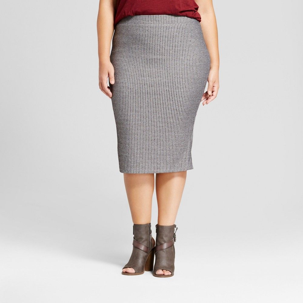 Women's Plus Size Ribbed Midi Skirt - Ava & Viv Gray 1X | Target