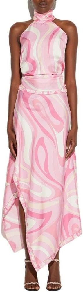 Wuitrie Two Piece Skirt Set for Women Summer Fashion Printed Satin Hanging Backless Top Irregular Midi Skirt Trendy Set | Amazon (US)
