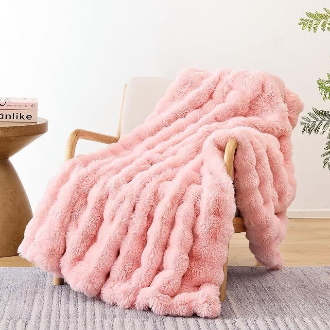 Smoofy Faux Fur Throw Blanket for Couch – Blush Pink Fluffy Cozy Rabbit Fleece, Plush Soft Bubb... | Amazon (US)