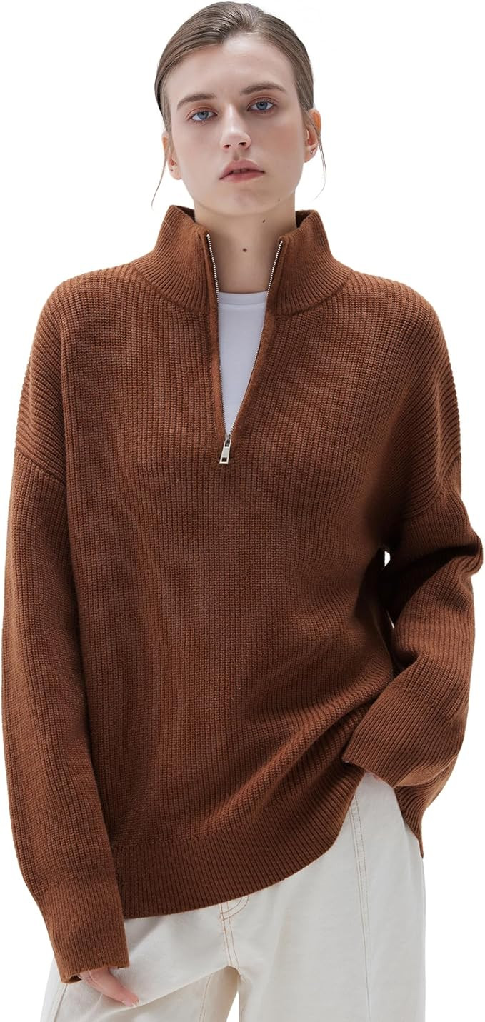 SUUKSESS Women Cashmere Oversized Quarter Zip Pullover Sweater Long Sleeve Collared Ribbed Knit J... | Amazon (US)