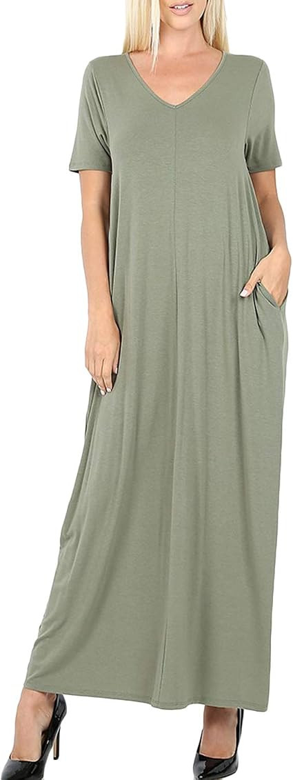 Zenana Women's Premium Casual Long Relaxed Loose T-Shirt Maxi Dress with Half Sleeves and Pockets (S | Amazon (US)