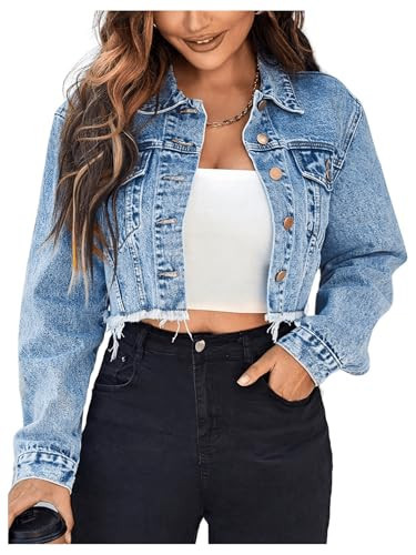 Floerns Women's Raw Hem Long Sleeve Button Down Pocket Cropped Denim Jean Jacket Light Wash Blue S | Amazon (US)