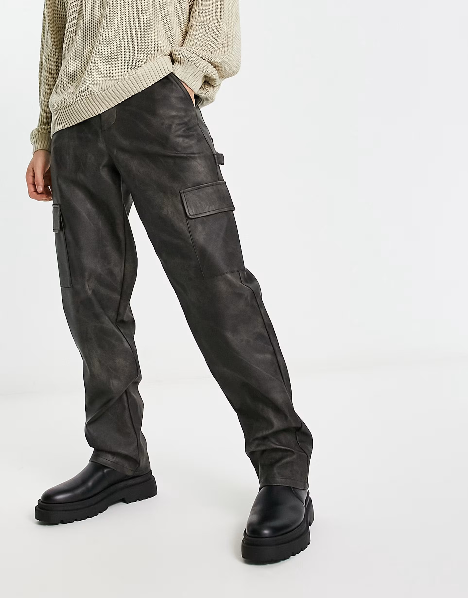 ASOS DESIGN relaxed cargo pants in washed leather look | ASOS (Global)