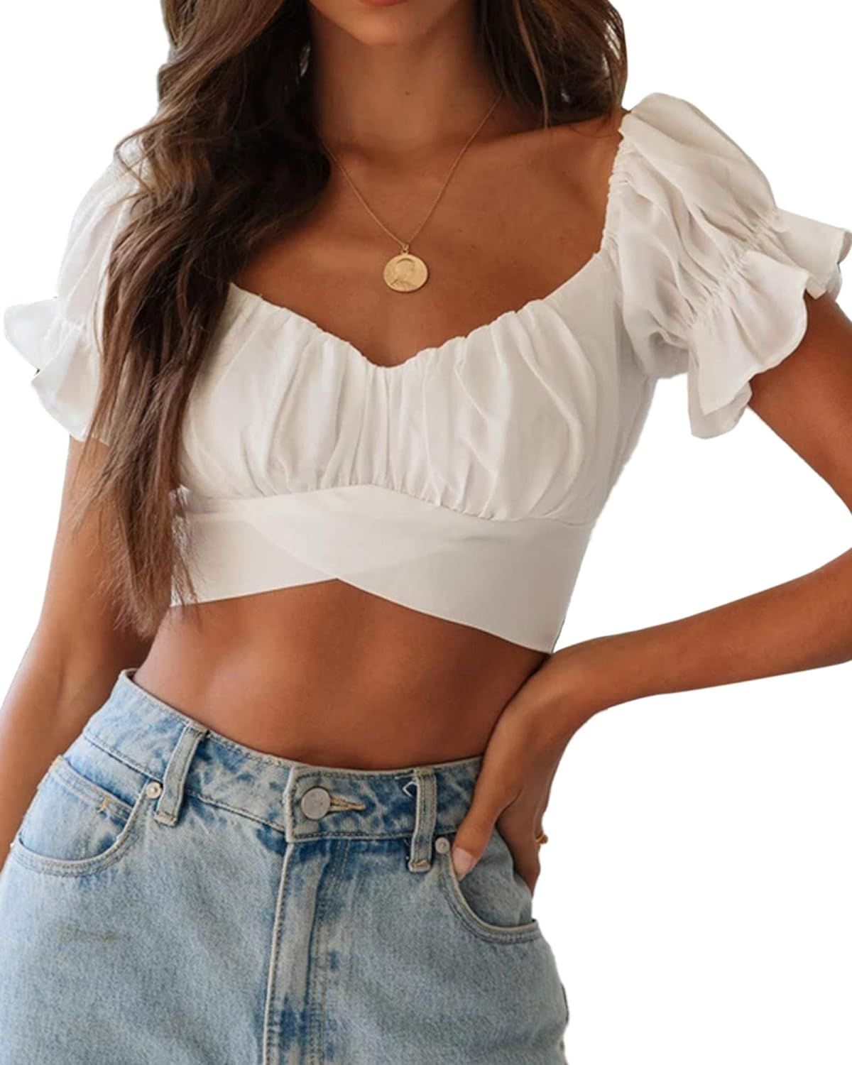 SOFIA'S CHOICE Women's Tie Up Back Crop Tops Short Sleeve Off The Shoulder Blouse | Amazon (US)