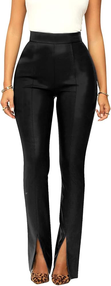 Womens Sexy Faux Leather High Waist Split Hem Flare Leg Pants Trousers | Amazon (US)