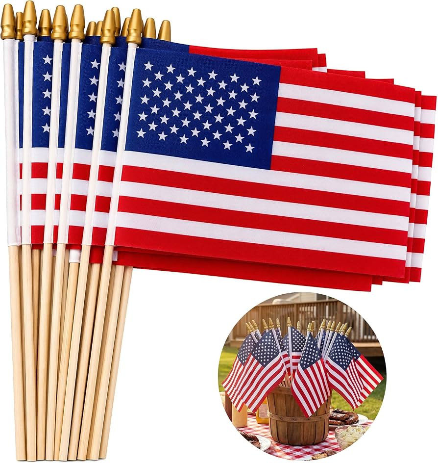 12 Pack 8x12 Inch American Flags on Stick, Medium Handheld US Flags with 15.7" Wooden Pole & Gold... | Amazon (US)
