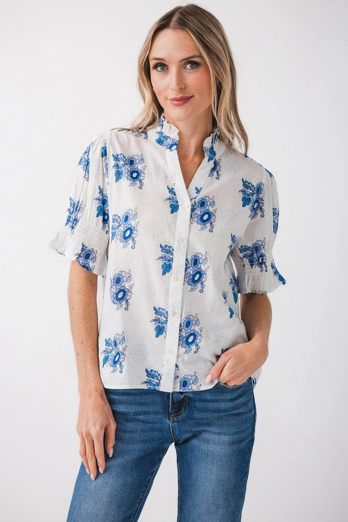 THML Ruffle Button Down Printed Blouse | Social Threads