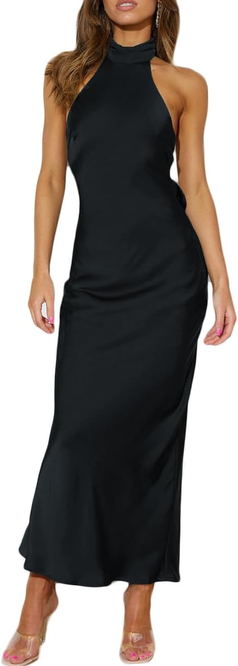 Phicia Sexy Satin Halter Neck Backless Maxi Dress for Women Elegant Tie Cowl Back Formal Wedding ... | Amazon (US)
