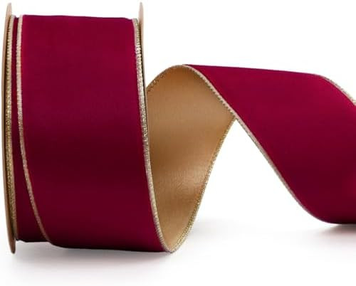 LaRibbons Scarlet/Gold Reversible Velvet Lurex Wired Ribbon, 2 1/2 Inch Crushed Velvet Ribbon for... | Amazon (US)