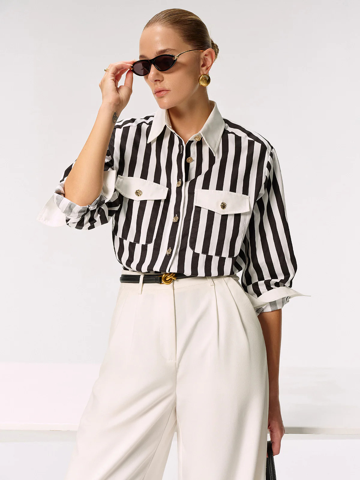 Cotton Blend Striped Metal Button Shirt | Commense