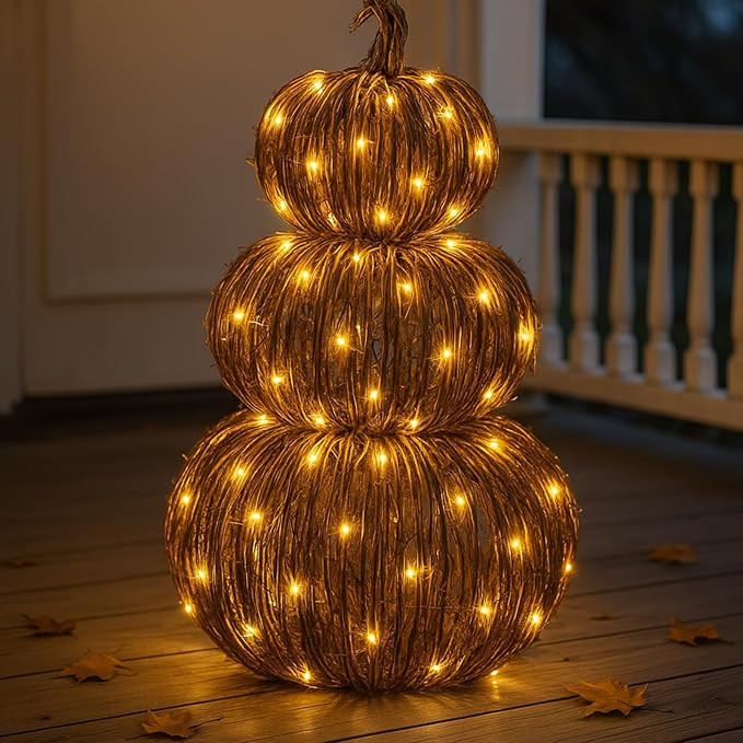 Geelin 20 Inch Lighted Wicker Pumpkin Porch Decor Set, Handwoven Rattan Autumn Vine Fake Pumpkins... | Amazon (US)