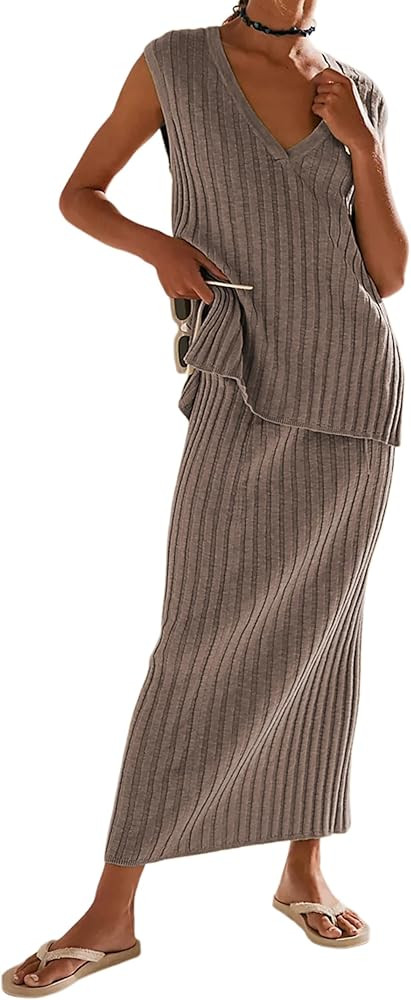 SCUSTY Women's 2 Piece Sweater Skirt Sets Sleeveless V Neck Knit Ribbed Vest Tops Midi Skirt | Amazon (US)