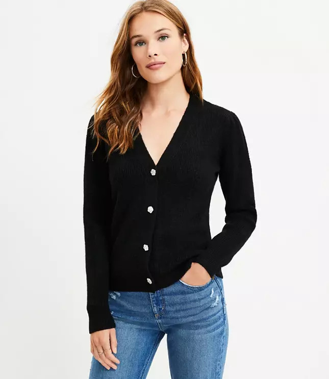 Jeweled Button V-Neck Cardigan | LOFT