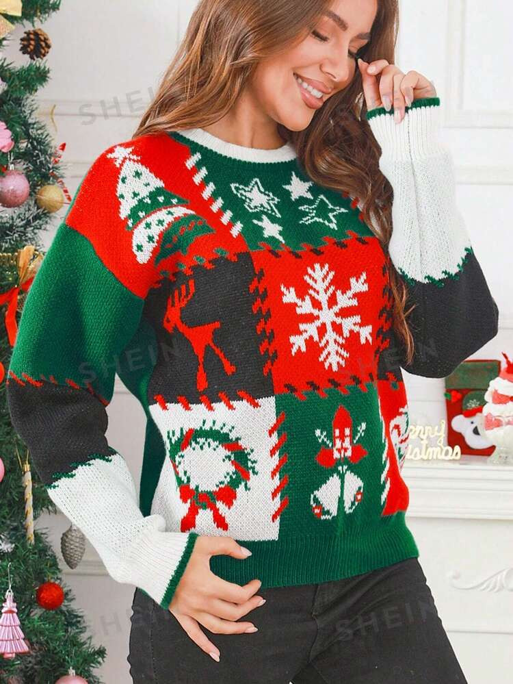 TrendsChristmas Patchwork Colorblock Christmas Tree, Star, Snowflake Pattern Women's Festive Holi... | SHEIN