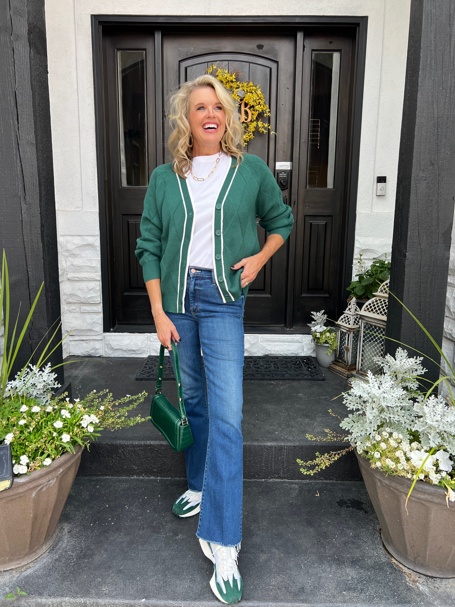 Amazon Haul

Argyle cardigan button up and in this seasons hot hot green 
On sale … cute for back to school, college/sports games and book club
Preppy look
Fits tts  tap Apply coupon at check out

Spanx body suit tee on sale fits tts 

Mother’s weekender frayed hem jeans tts 
Splurg and so worth it 

New balance 327 sneakers fit tts so good 

#LTKSaleAlert #LTKFindsUnder50 #LTKStyleTip