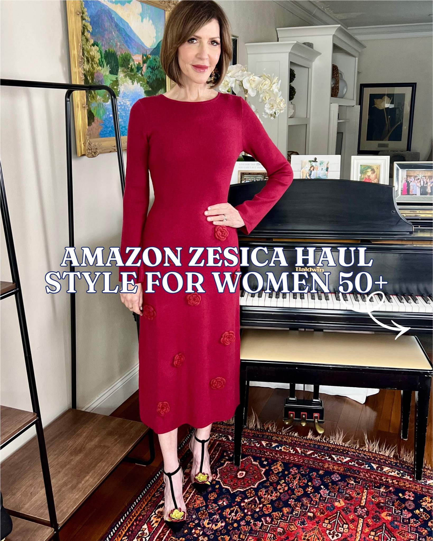 red dress, flower cardigan, green jacket, winter outfit, over 50 outfits 

#LTKHoliday #LTKOver40 #LTKootd