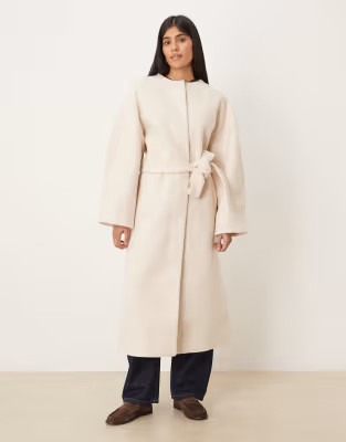 ASOS DESIGN collarless boucle longline formal coat in oatmeal | ASOS (Global)