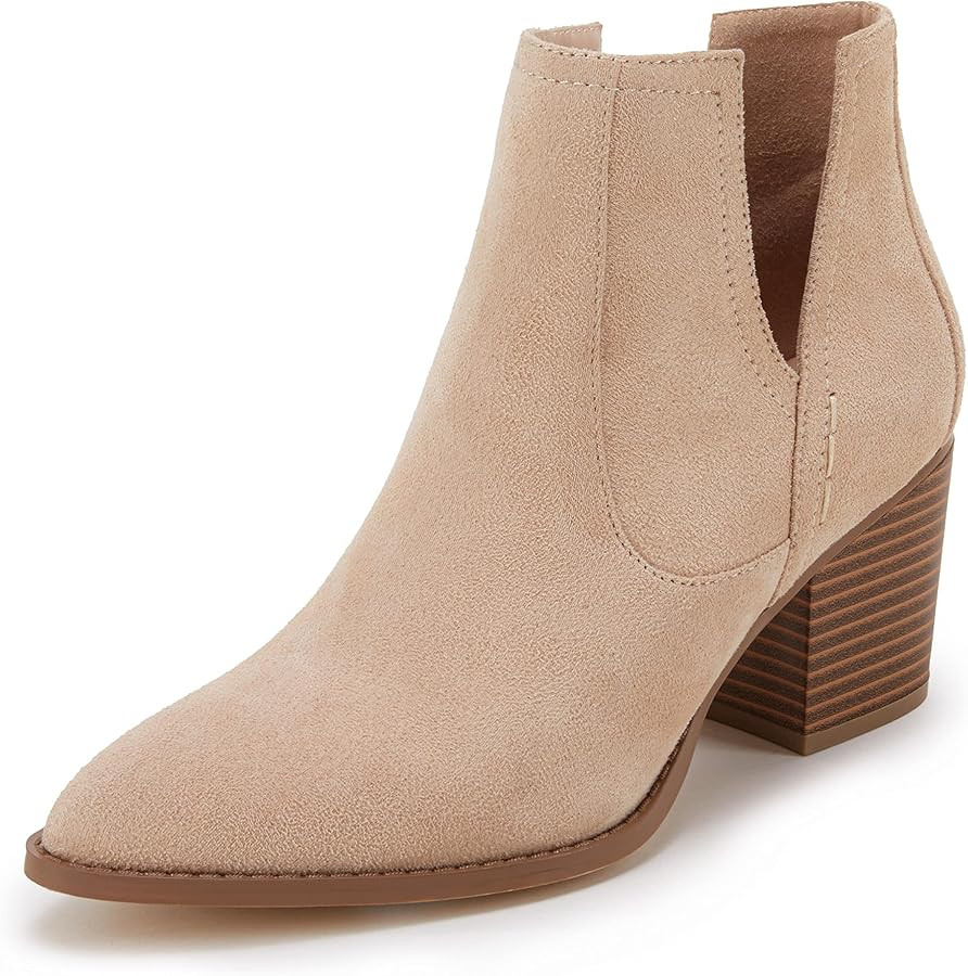 FISACE Womens Pointed Toe Stacked Mid Heel Ankle Boots V Cut Back Zipper Faux Leather Booties | Amazon (US)