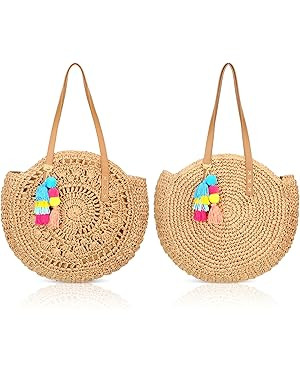 Hillban 2 Pcs Woven Beach Bag for Women Large Round Straw Bag Chic Boho Tote Bag Purse with Pom T... | Amazon (US)