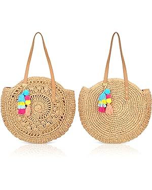 Hillban 2 Pcs Woven Beach Bag for Women Large Round Straw Bag Chic Boho Tote Bag Purse with Pom T... | Amazon (US)