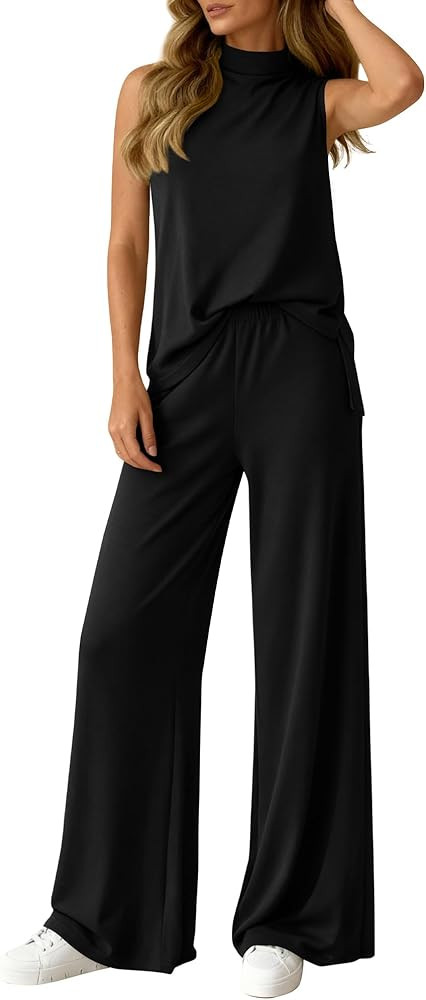 BTFBM Summer 2 Piece Lounge Sets For Women Sleeveless Mock Neck Wide Leg Loose Spring Vacation Ai... | Amazon (US)