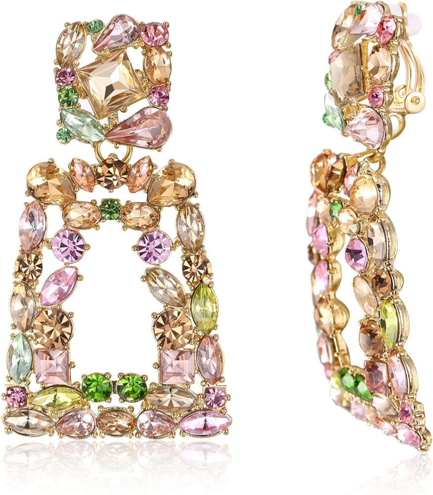 Flyonce Rectangle Clip-on Drop Earrings for Women, Sparkly Rhinestone Crystal Geometric Statement... | Amazon (US)