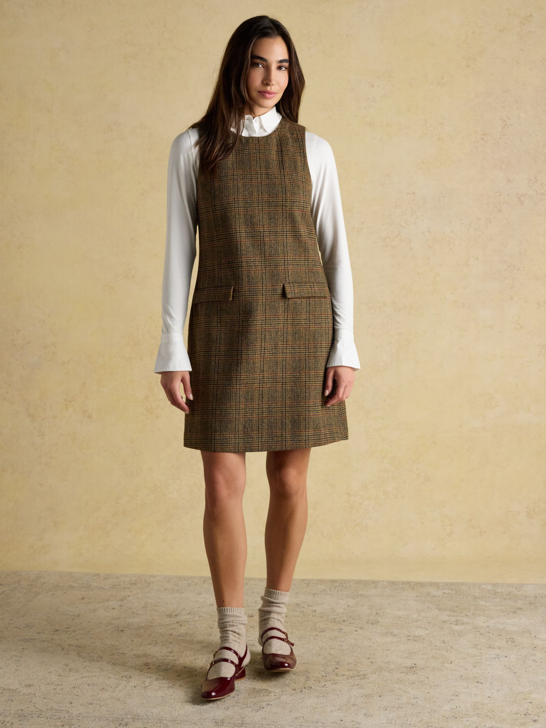 Edwina Brown Check Shift Tweed Wool Blend Sleeveless Dress with Round Neck | Joules | Joules