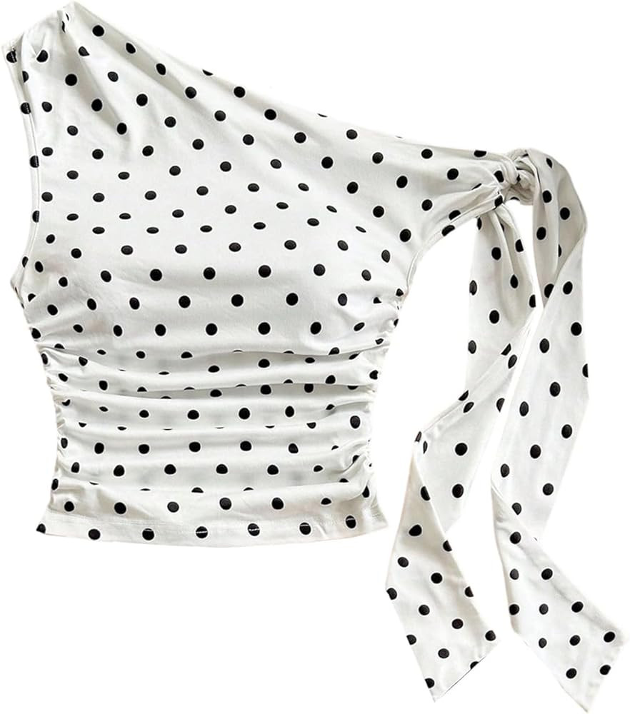 Women's Polka Dots Crop Tops Y2k Ruched One Shoulder Asymmetrical Neck Fitted Going Out T Shirts | Amazon (US)