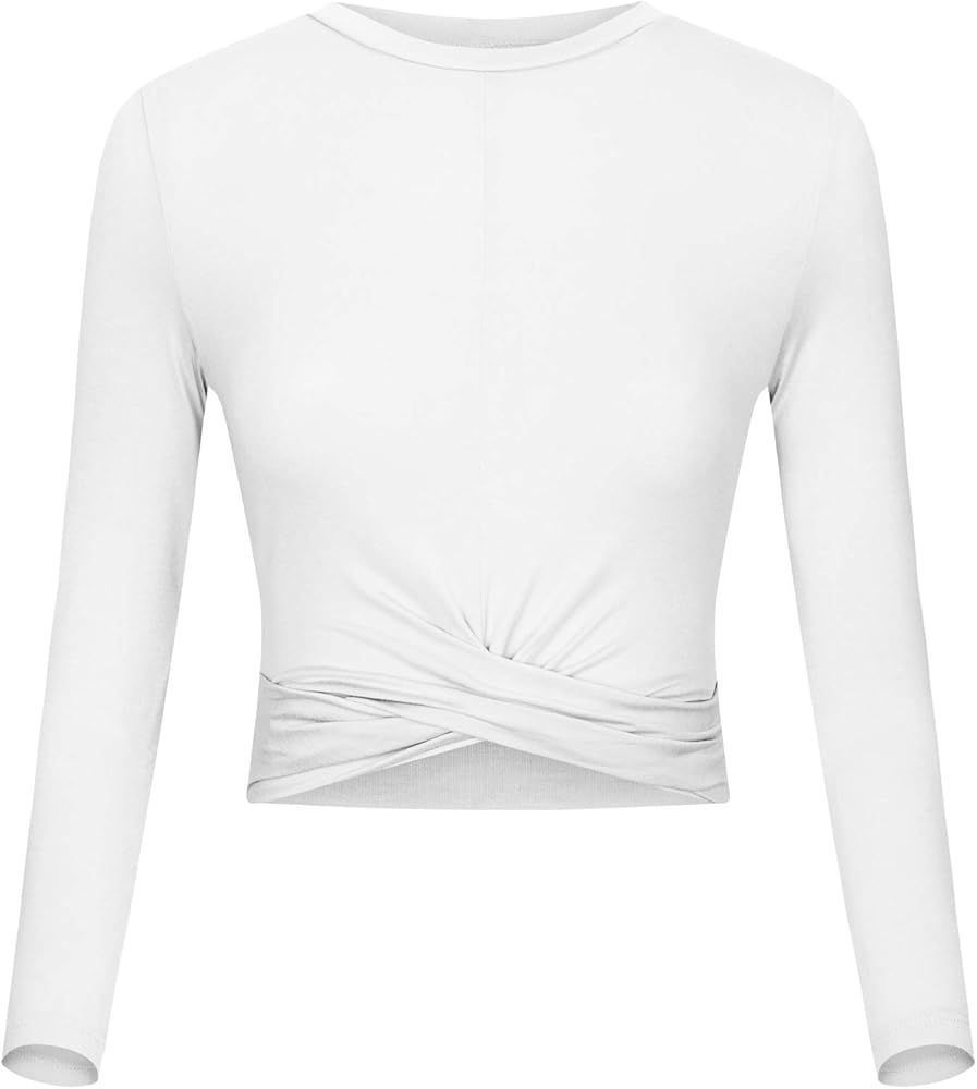 Women's Crop Tops Slim Fit Basic Crewneck Shirts Workout Clothes Yoga Tops Underscrub Tee | Amazon (US)