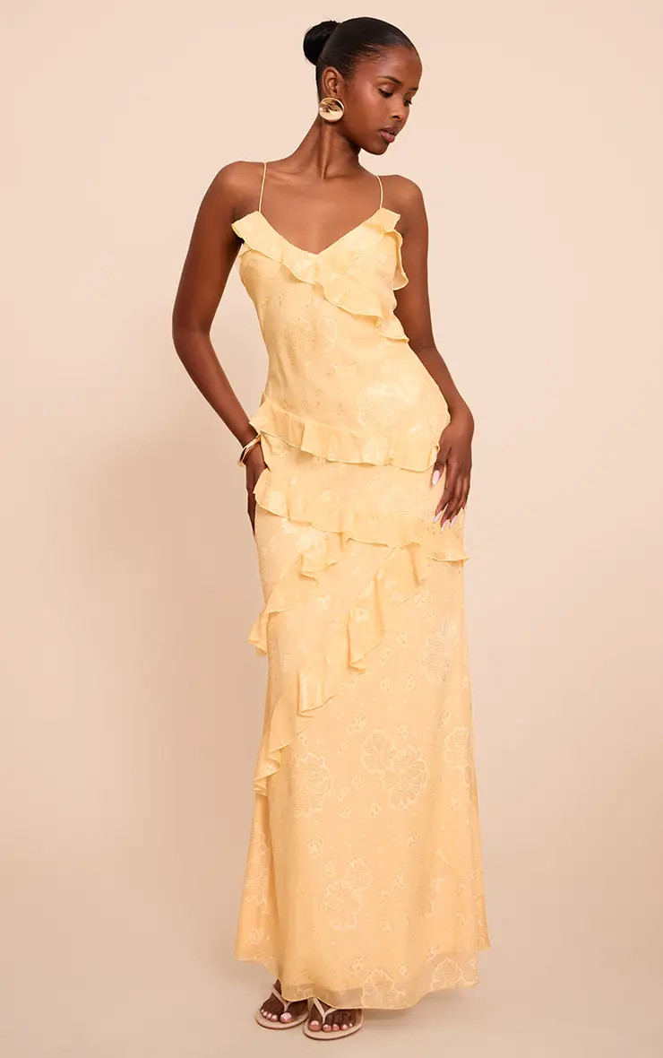 Lemon Embroidered Frill Maxi Dress | PrettyLittleThing UK
