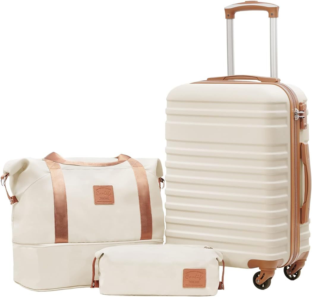 Coolife Suitcase Set 3 Piece Carry On Hardside Luggage with TSA Lock Spinner Wheels (White, S(20i... | Amazon (US)