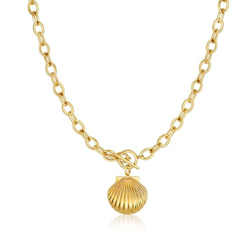Robaice Chunky Gold Shell Necklace for Women，14K Gold Plated Shell Pendant Bold Chain Necklace with Toggle Clasp，Waterproof Non Tarnish Hypoallergenic Chunky Statement Jewelry Gift for Women | Amazon (US)