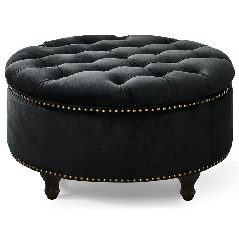 Upholstered 30" Round Storage Ottoman, Nail Head Tufted Seating, Black | Walmart (US)