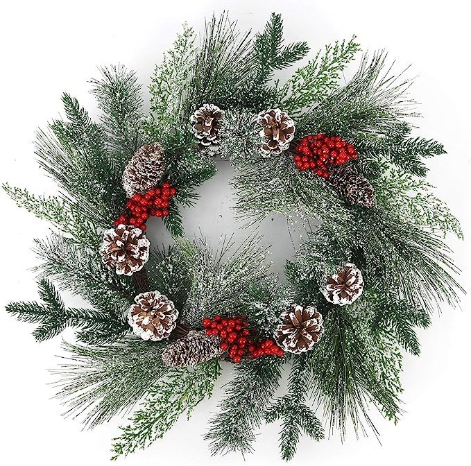 BOMAROLAN Winter Snowflake Christmas Wreath 20 Inch Artificial Pine Cone Pine Needle Branch Harve... | Amazon (US)