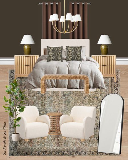 TARGET VERSION: Warm neutral and affordable bedroom with dark brown walls.
-
Amazon home - Target Studio McGee Threshold- Etsy - affordable bedroom decor - transitional bedroom - fluted dresser - oversized boucle armchair - arched floor mirror - round accent table with cane - faux rubber tree - Magnolia - Loloi Layla rug - woven waterfall bench - olive green ceramic table lamp with white shade - brown velvet blackout curtains - slipcover king bed linen - linen duvet cover king - kilim embroidered throw pillows - white and brass chandelier - affordable lighting - transitional decor 

#LTKhome #LTKsalealert
