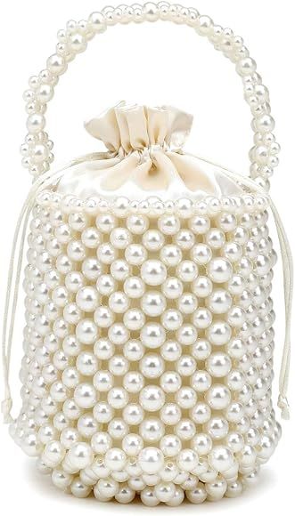 DJBM Women Handmade Beaded Handbag Bucket Handbag Pearl Clutch Bag for Party Wedding | Amazon (US)