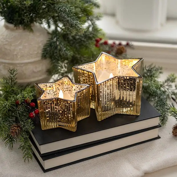 Flameless Gold Mercury Glass Star Candle One of Each | Antique Farm House