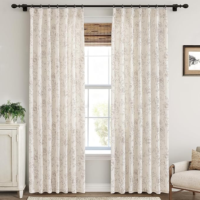 Pinch Pleat Floral Linen Curtains 108 inch Long Coffee and Cream Memory Trained Curtain Light Fil... | Amazon (US)