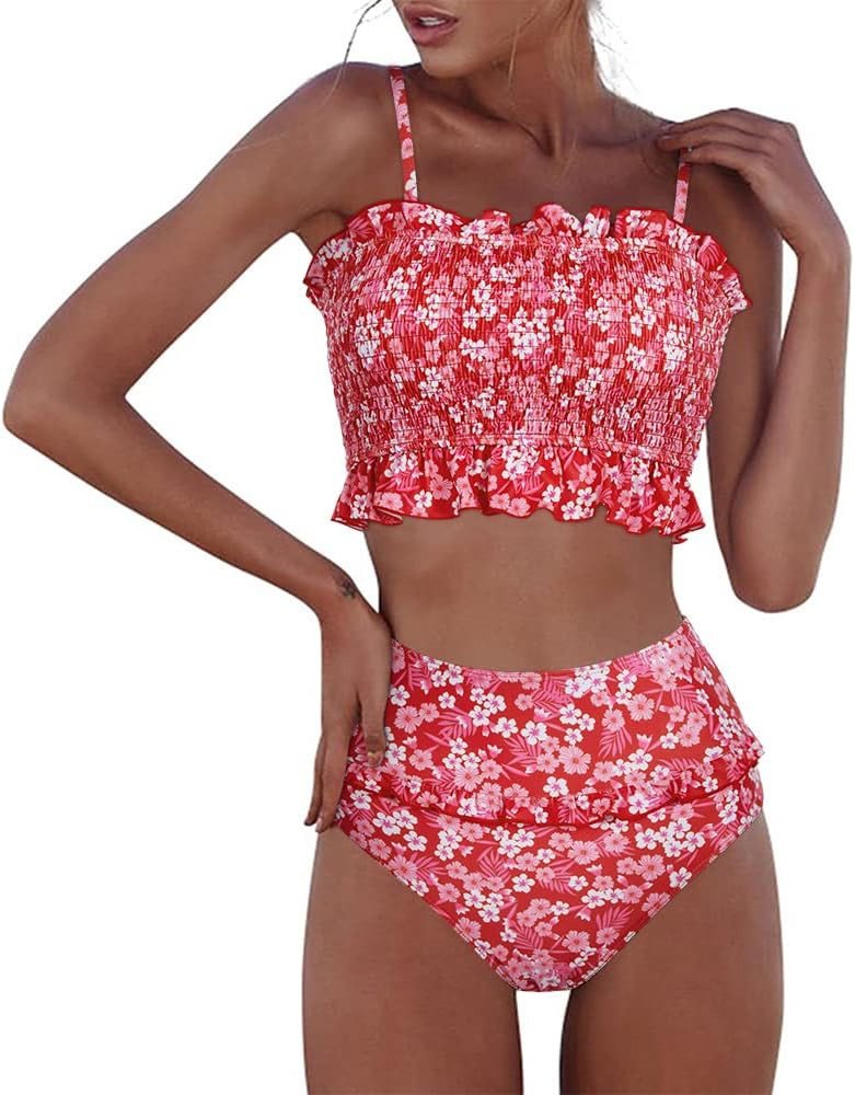 RXRXCOCO Womens Shirred Bandeau Bikini Cute Two Piece Swimsuit Off Shoulder High Waist Bathing Su... | Amazon (US)