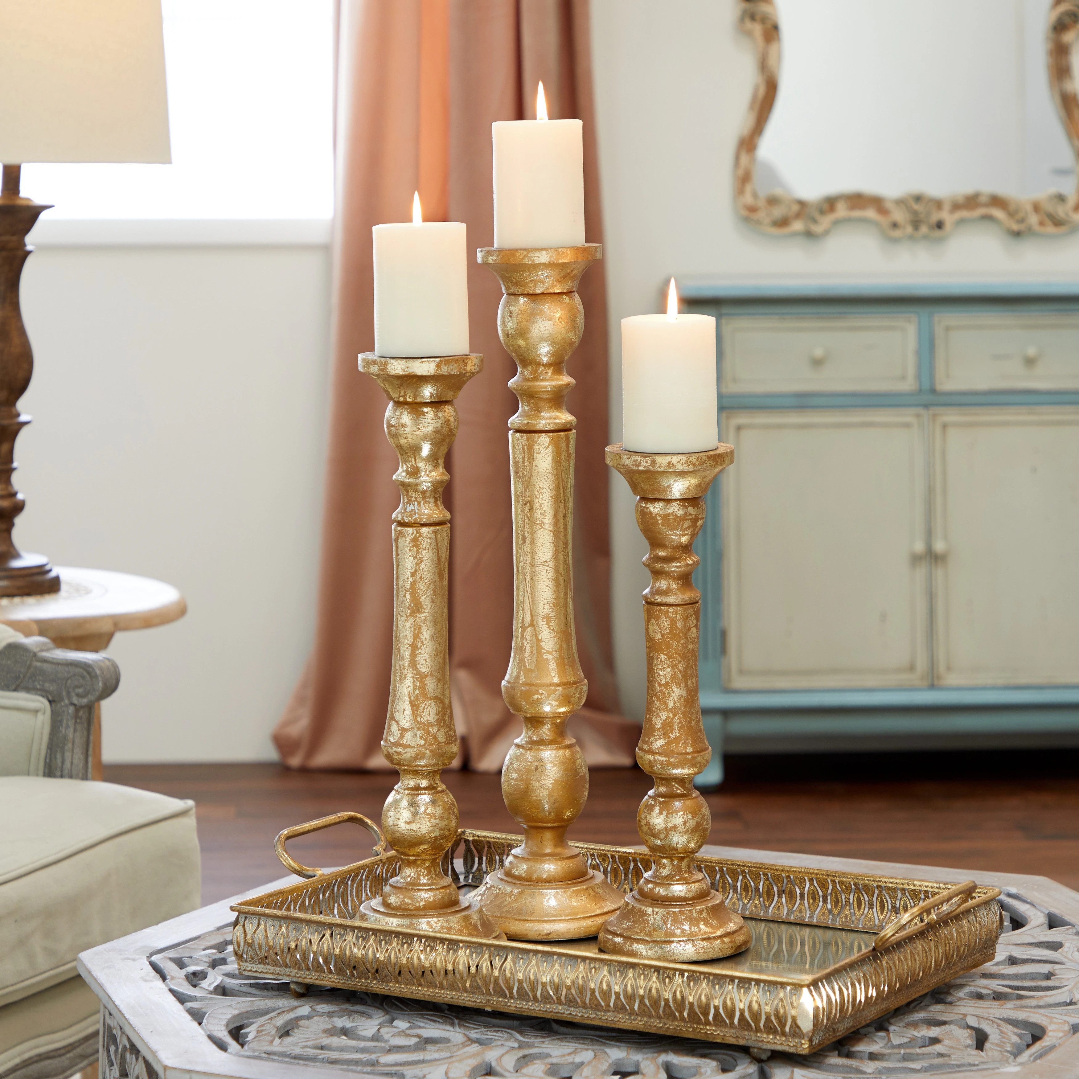 Gold Mango Wood Candle Holder (Set of 3) | Bed Bath & Beyond
