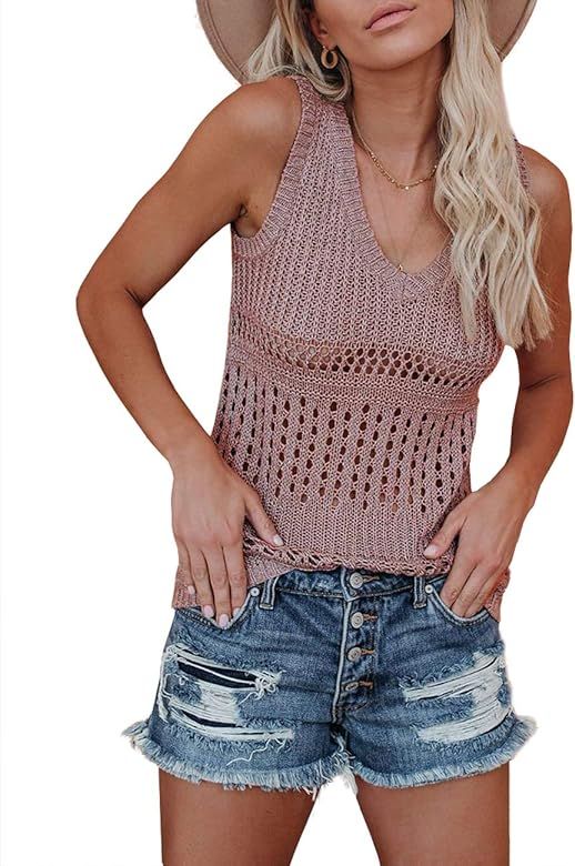 Womens V Neck Crochet Knit Tank Tops Summer Loose Hollow Out Sleeveless Sweater Blouse Shirts | Amazon (US)