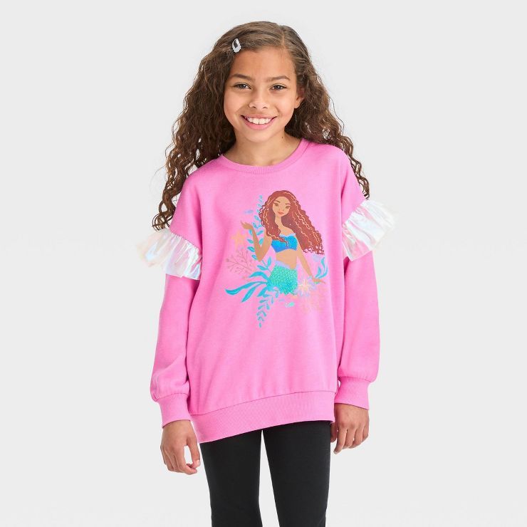 Girls' Disney The Little Mermaid Ruffle Pullover Sweatshirt - Coral Pink | Target