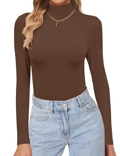 Ekouaer Women's Turtleneck Shirts Long Sleeve Soft Lightweight Fitted Mock Thermal Base Layer Tops Brown Small | Amazon (US)