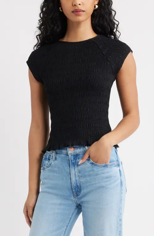 Open Edit Cap Sleeve Smocked Top in Black at Nordstrom, Size X-Large | Nordstrom