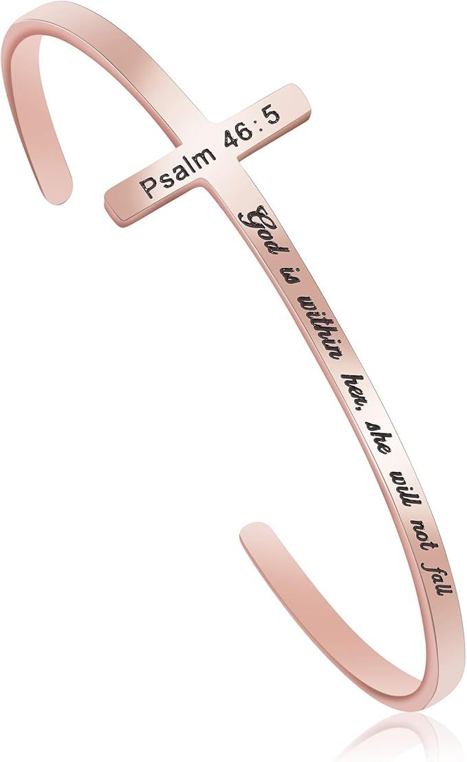 Religious Rose Gold Bracelets for Women Girls Christian Cross Cuff Baptism Faith Bible Verse Jewe... | Amazon (US)