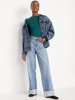 Long-Sleeve Slit-Neck Ruched Top | Old Navy (US)